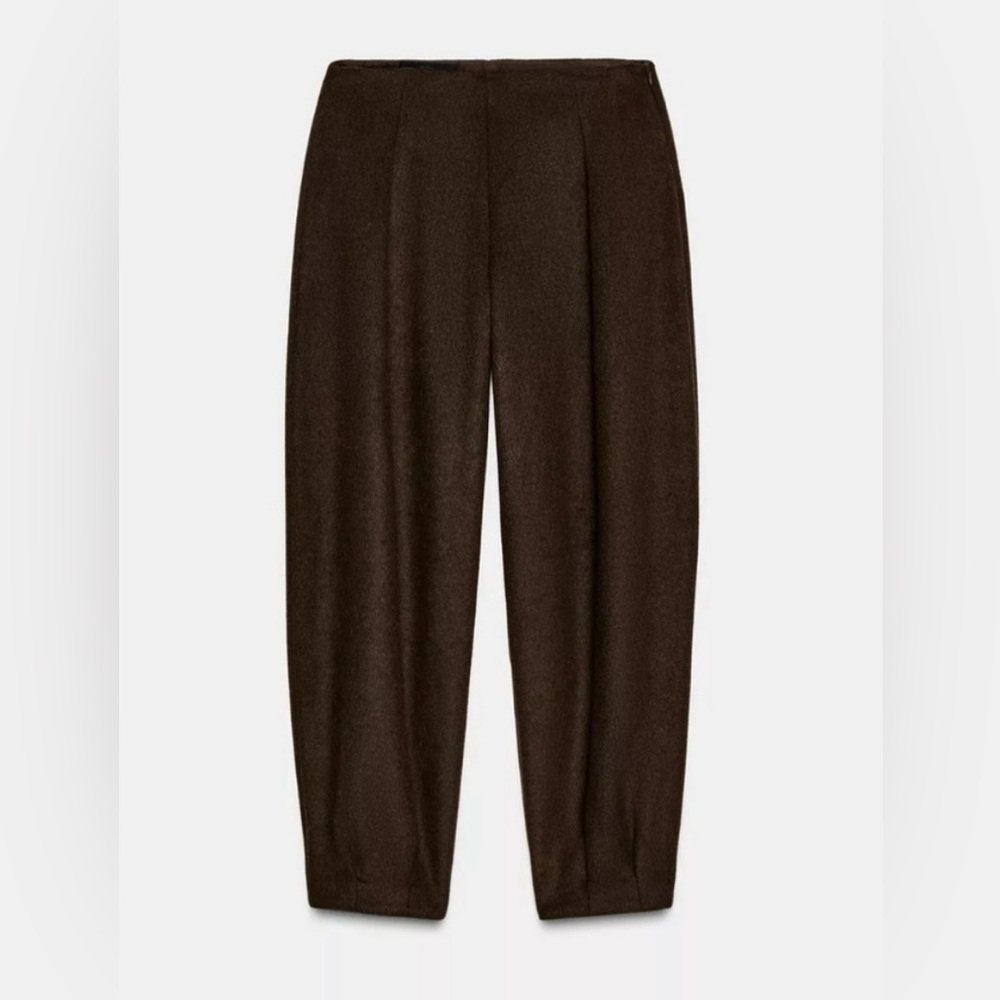 Zara Brown Pleaded Wool Barrel Pant
